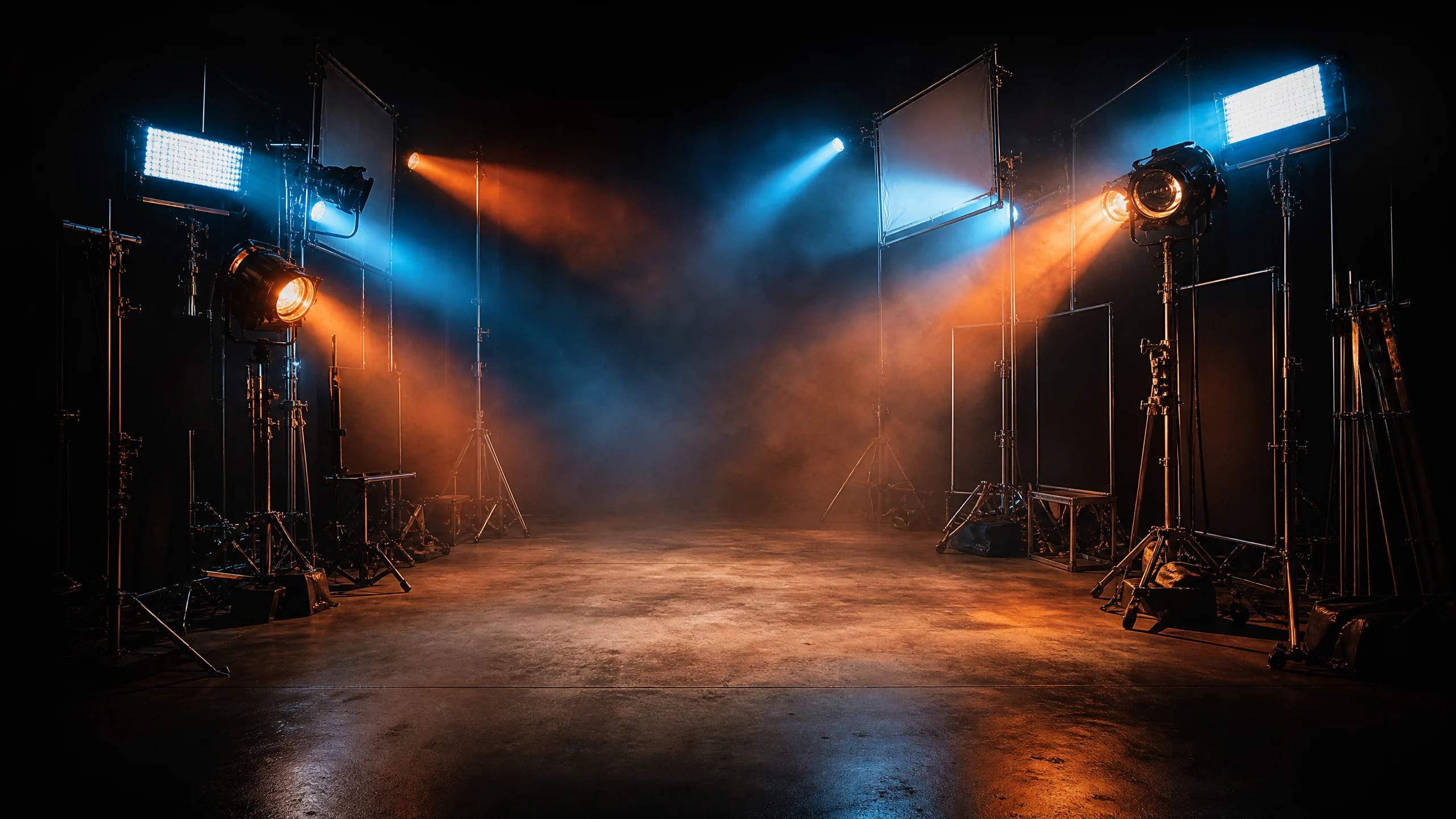 Film set being rigged with cinematic lighting
